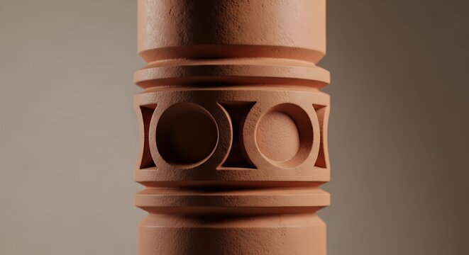 Modern terracotta pillar with geometric circular carvings in studio light