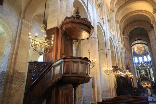 Priest's pulpit in the Basilica of Saint-Sernin in the French city of Toulouse  