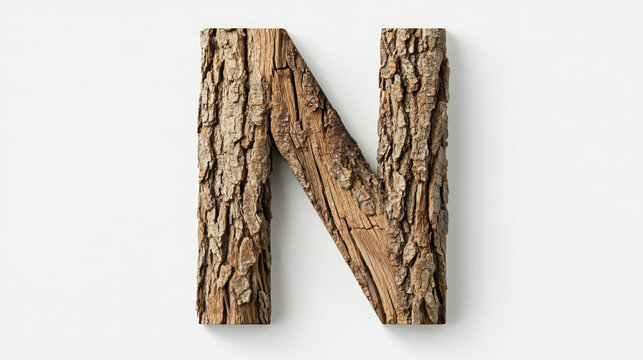 Wooden letter N with tree bark texture, showcasing natural beauty and rustic charm. Perfect for nature themed designs