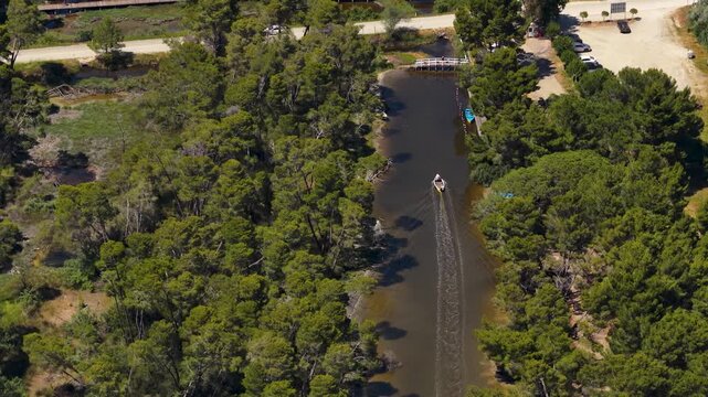 Aerial view of a small boat navigating a narrow canal through dense pine forests in Divjaka lagoon, Divjake, Fier County, Albania.