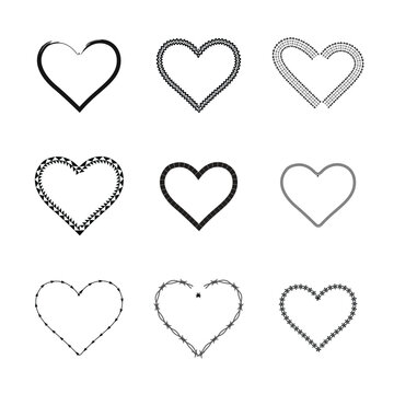 Barbed wire and geometric heart borders vector frame set
