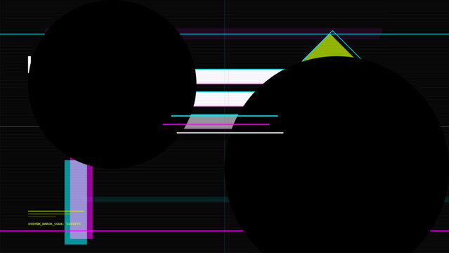 Abstract Digital Glitch Background with System Error Code and Geometric Neon Shapes