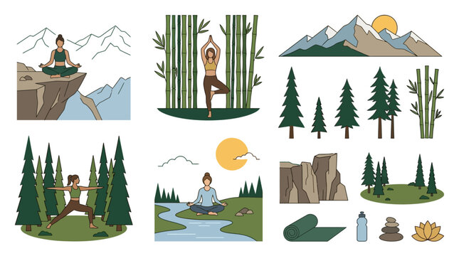 Forest and Mountain Icons Vector Sheet with Pine Trees, Mountain Range, Cliff and Bamboo Grove in Clean Minimal Flat Design on White Background for Nature Connection Concept
