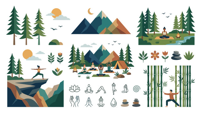 Forest and Mountain Icons Vector Sheet with Pine Trees, Mountain Range, Cliff and Bamboo Grove in Clean Minimal Flat Design on White Background for Nature Connection Concept