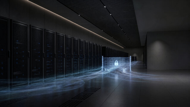 Server Room Security: A modern server room showcases rows of server racks, with a glowing holographic padlock symbol indicating data security and protection.