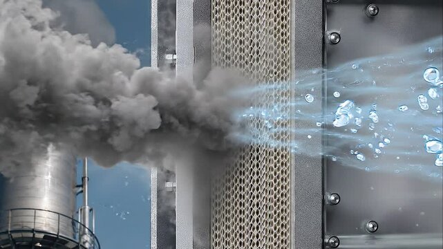 Industrial filter capturing smoke emissions converting to clean droplets carbon management decarbonization innovation improving air quality