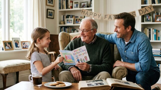 A grandfather and his two grandchildren sitting on a couch, reading a card together.