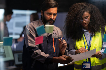 Obraz premium South Asian bearded engineer examines a printed schematic while a Black female engineer in a safety vest holds the same document in a dark brainstorm room.