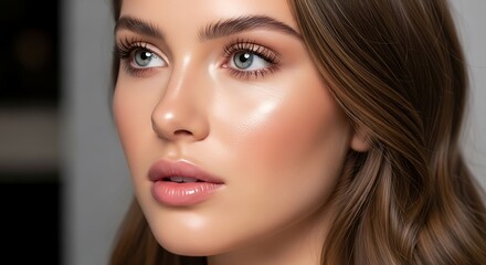 Fototapeta premium Woman with radiant skin and makeup portrait illuminated with soft lighting