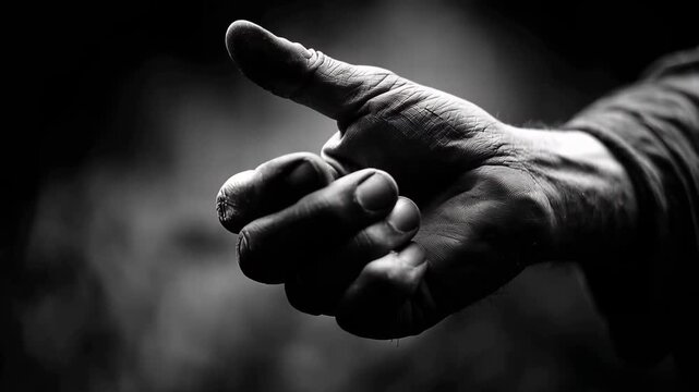 A weathered hand opens and closes slowly against a dark atmospheric background with dramatic lighting