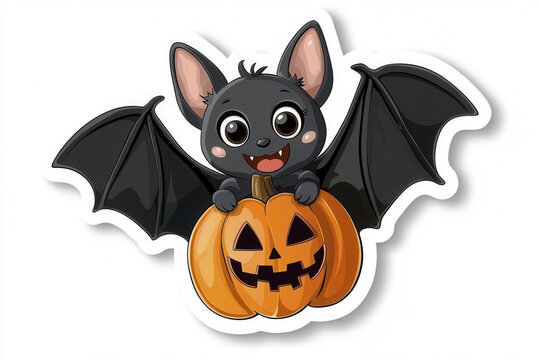 Cute bat character with big ears and happy expression, perched on carved pumpkin, perfect for Halloween decorations