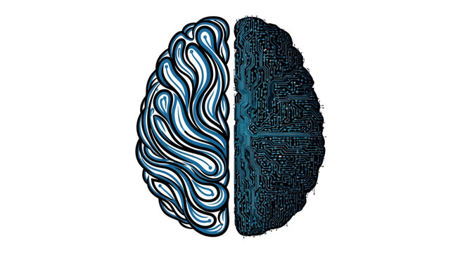 A conceptual illustration showing a split human brain and digital circuit board