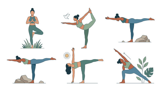 Standing and Balance Collection Vector Sheet with Tree Pose, Dancer, Warrior III, Half Moon and Side Angle in Dynamic yet Calm Flat Design on White Background for Stability and Focus Concept