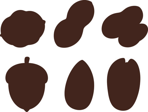 Natural nuts collection, healthy snacks vector silhouette set for designs.