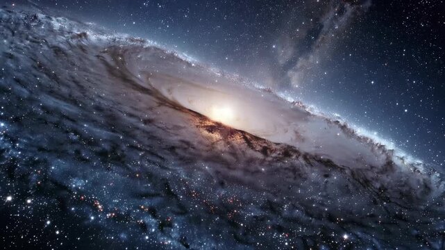 Andromeda spinning with cosmic dust and nebulae during celestial orbit in deep space