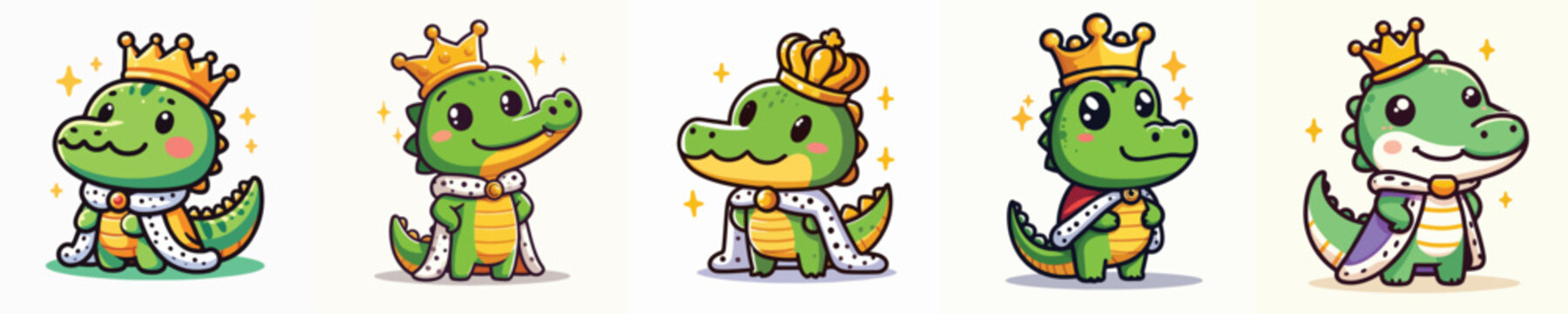 set of vector crocodiles in king costumes