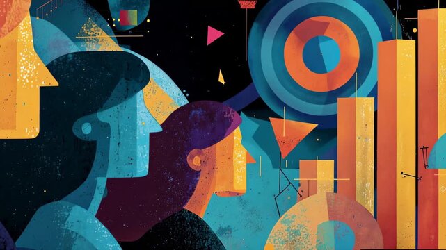 Business People silhouettes moving against abstract growth charts in dynamic motion graphics