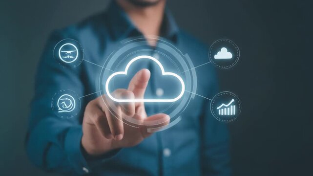 Man's hand interacting with digital cloud interface showing data analytics icons during a technological presentation