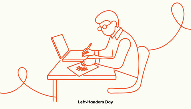 Left-handed person working on laptop, writing, Left-Handers Day, office worker, desk illustration