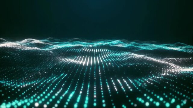 Cinematic digital data landscape of glowing particles creating dynamic wave structures. Ideal for artificial intelligence, big data, and technology backgrounds.