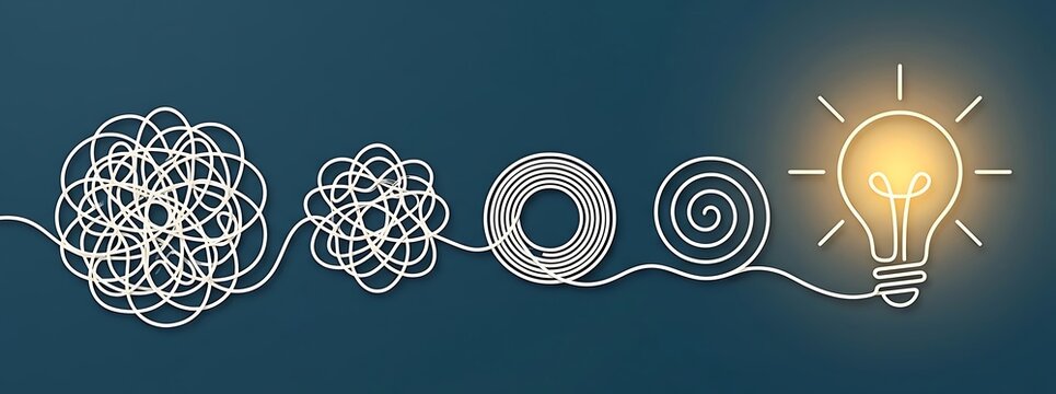 Visualizing the journey from a tangled mess of ideas to a clear, bright lightbulb solution and innovative concept