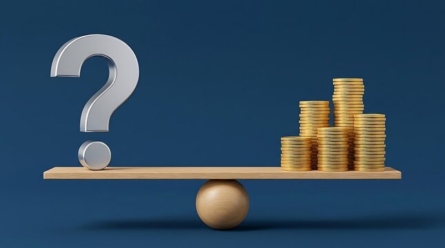 Silver Question Mark Contrasting With Stacks of Gold Coins on a Wooden Balance Scale Representing Financial Decisions
