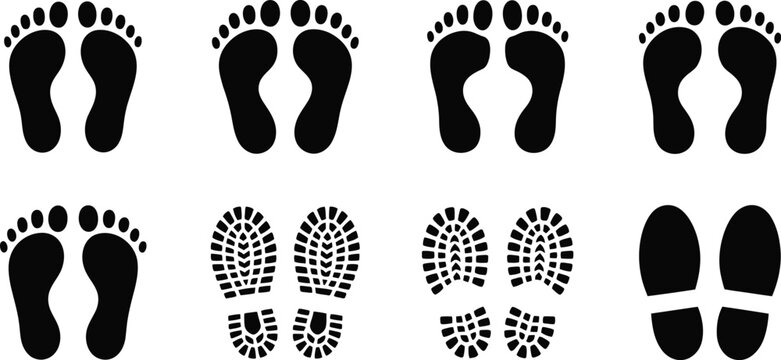 Footprint icon set, human feet and shoe sole prints with walking symbols for signage, education, navigation and safety marking designs.