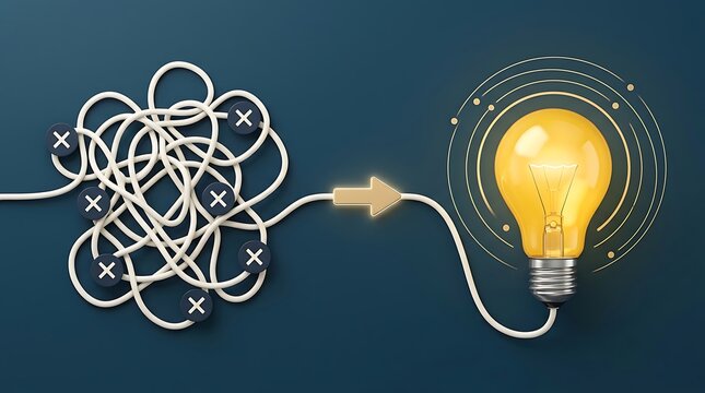 The path from complex problem solving to a bright idea, visualized with a tangled wire and a glowing light bulb.