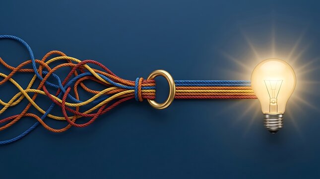 Colorful ropes merge through a golden ring, symbolizing unity and connection leading to a bright, illuminated idea light bulb.