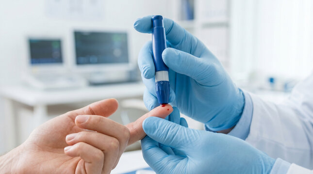 Female Nurse Measuring Patient Blood Sugar Level, Medical Diagnostics