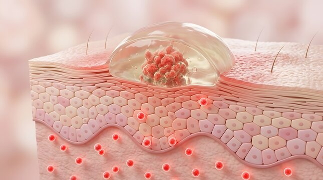 Medical cross section of human skin tissue showing inflammation with an active fluid blister acne bubble and irritated cell layers containing red blood cells