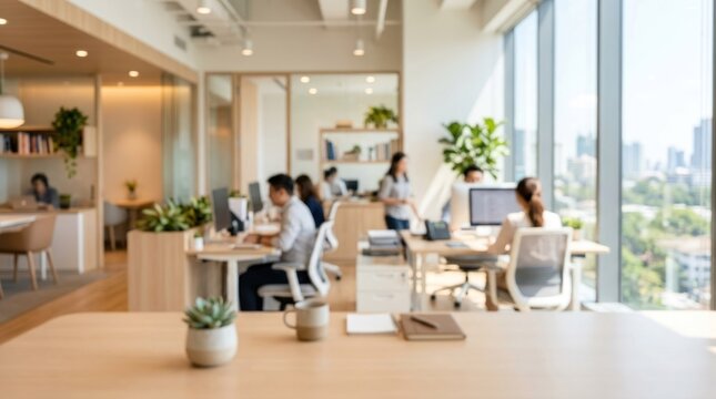 People working in a modern office with natural light and green plants.