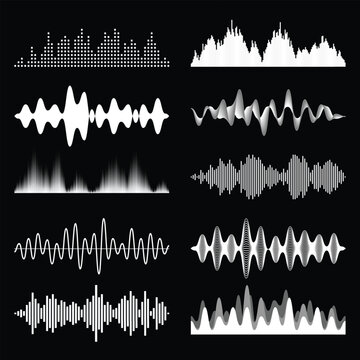Abstract soundwave set with digital audio equalizer waves, voice frequency signals, and music track waveforms isolated on black background. Modern neon tech visualization elements collection.