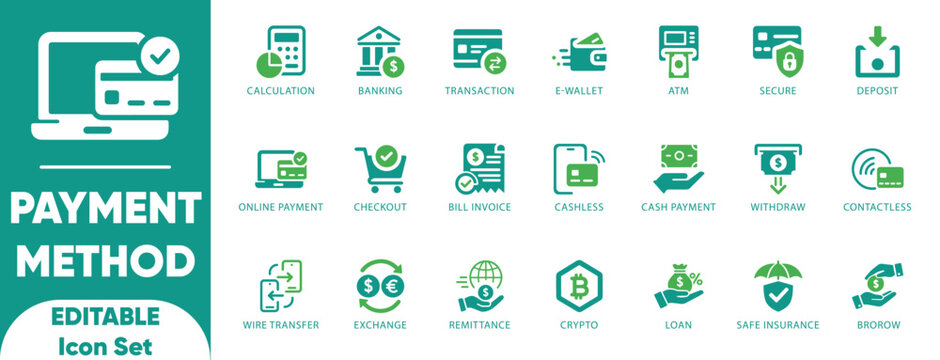 Payment Method icon set. scan, pay, atm, card, cash, and solid icons.