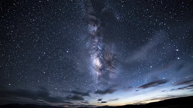 Time Lapse of the Milky Way Galaxy and Stars Moving Across a Dark Night Sky with Clouds and Silhouetted Mountains, 4K