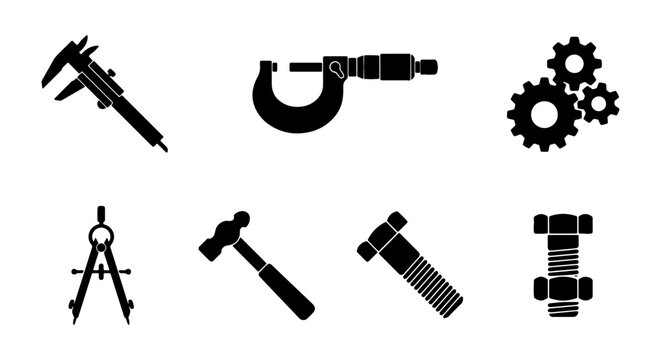 Engineering Tools Vector Icons: Caliper, Micrometer, Gears, Compass, Hammer, Bolt Set