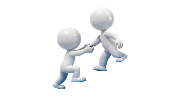 Two white 3D figures helping each other climb, isolated on transparent background