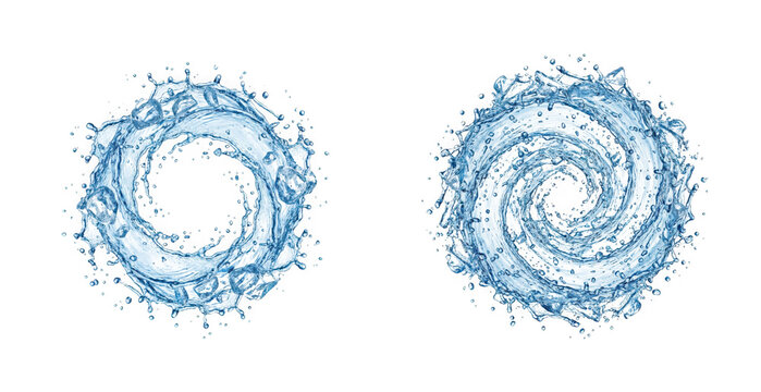 Set of water splashes in a circular shape with ice cubes isolated on transparent background