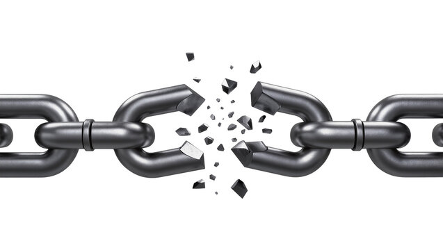 Heavy metal chain links breaking apart, isolated on transparent background
