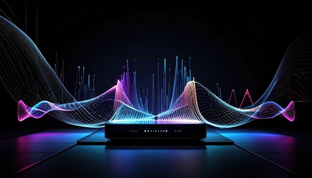Colorful digital data waves glowing above modern black electronic device