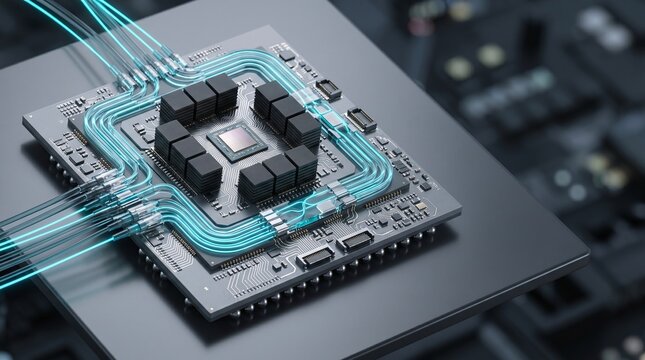 Advanced co-packaged optics AI accelerator with clean light lines 3D illustration with copy space