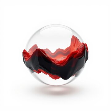 Glass sphere contains red liquid. Fluid forms wavy shapes, creating dramatic contrast within transparent orb. Minimalist studio shot.