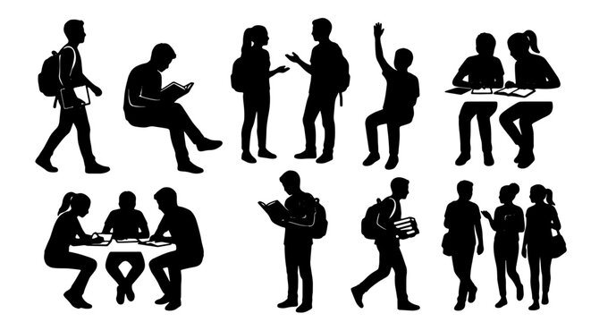 Student silhouettes collection, diverse school pupils with backpacks and books, teenagers studying and walking in black vector set