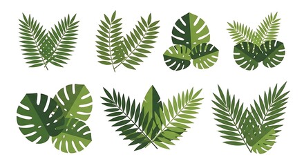 Various stylized, green tropical foliage and leaf arrangements on a white background © Alistair