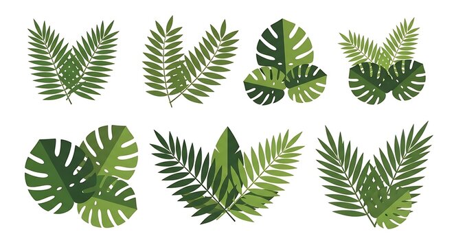 Various stylized, green tropical foliage and leaf arrangements on a white background