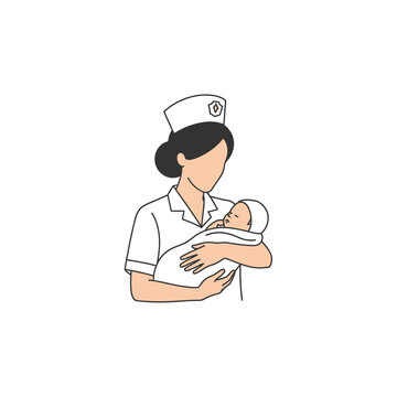 Nurse in uniform holding newborn infant for medical postnatal care.