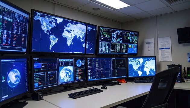 Command center with multiple screens showing global data.