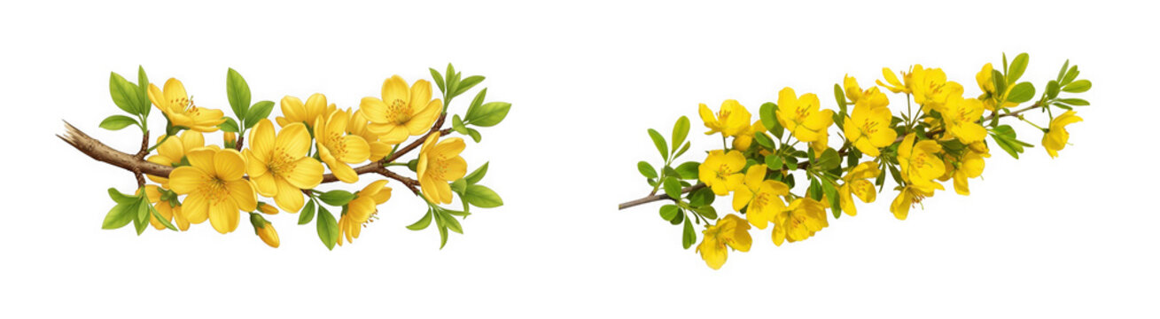 Two branches of blooming yellow ochna integerrima flowers isolated on transparent background