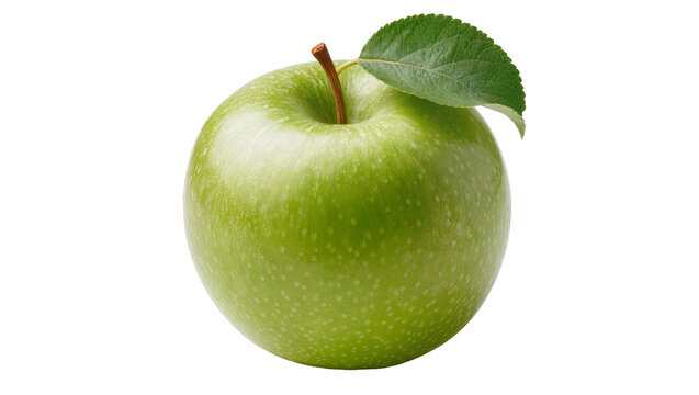 Single ripe green apple with stem and leaf, isolated on transparent background