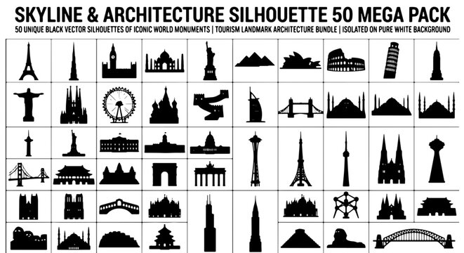 Skyline and architecture silhouette 50 mega pack, black vector silhouettes of iconic world monuments, tourism landmark architecture bundle